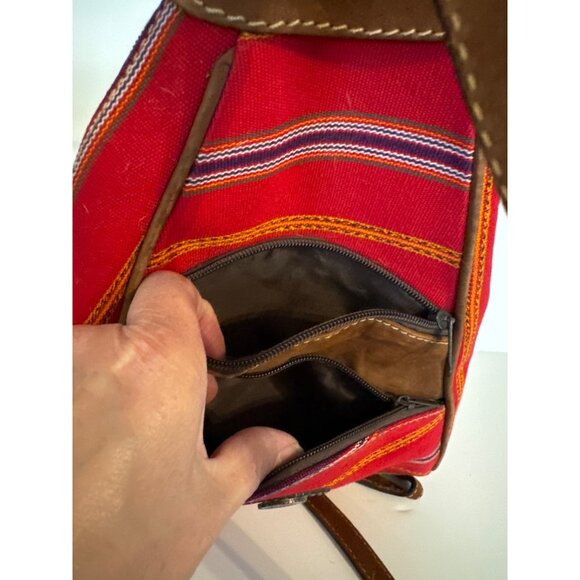 Handmade Guatemalan Red & Brown Leather Trim Backpack With Adjustable Straps - Picture 10 of 10